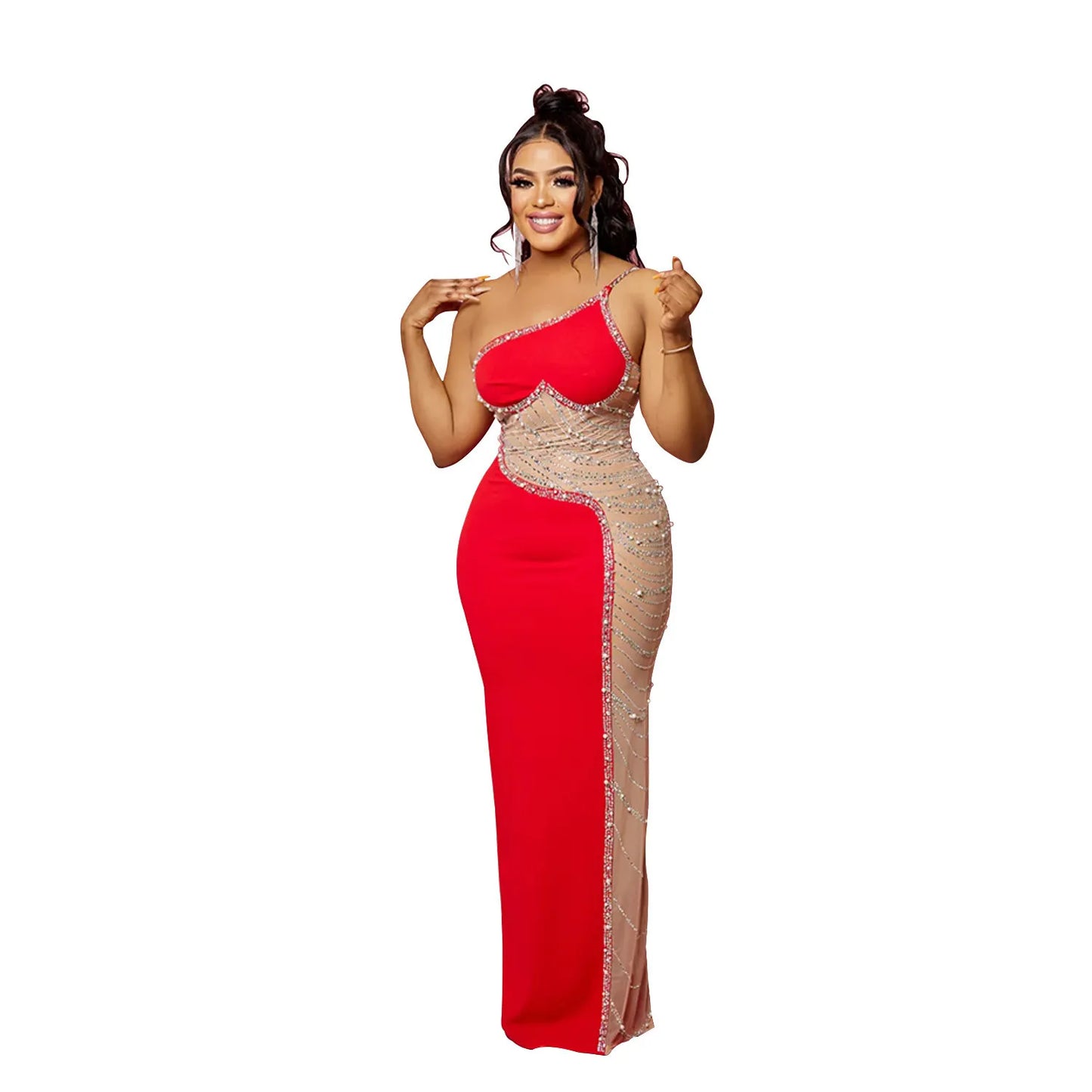 Sexy Stretch Pearls Mesh Rhinestone Maxi Dress Red