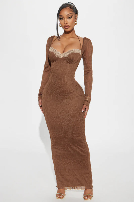 Maria Textured Maxi Dress - Chocolate