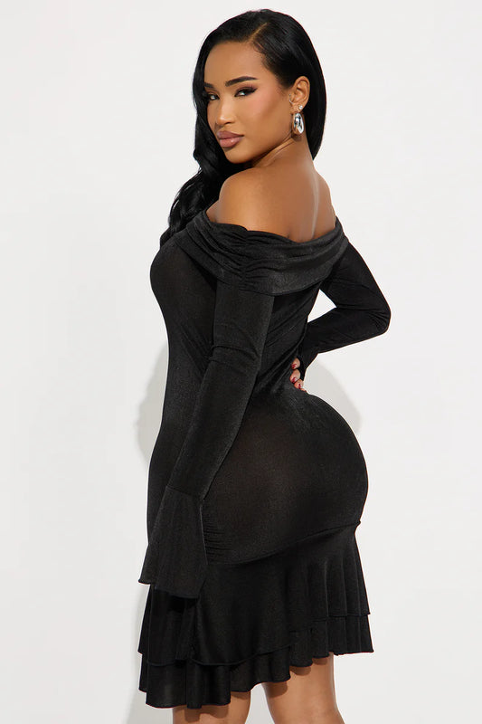 Faith Off Shoulder Ruffle Mini Dress - Black