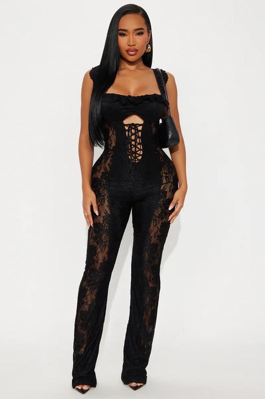 On My Time Lace Straight Leg Jumpsuit - Black