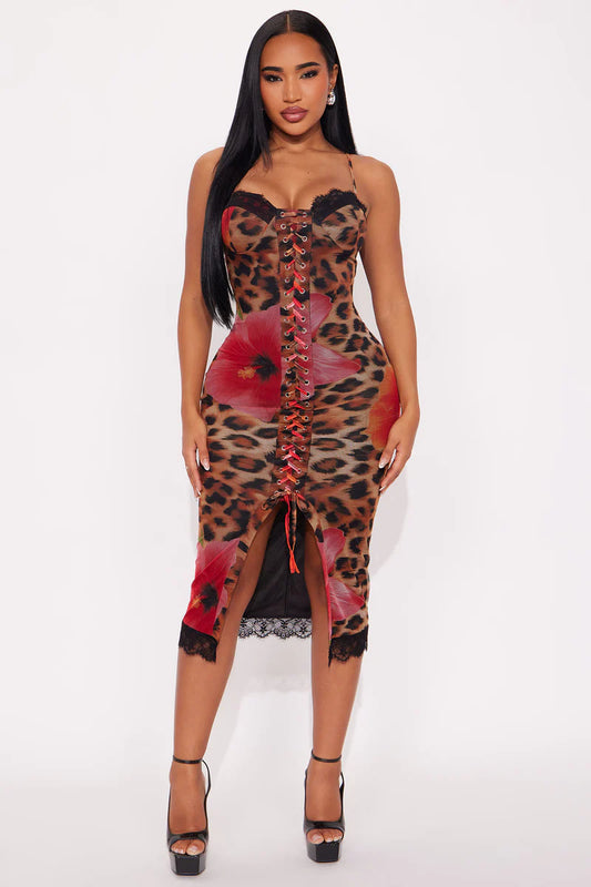 Wild Beauty Mesh Midi Dress - Pink/combo