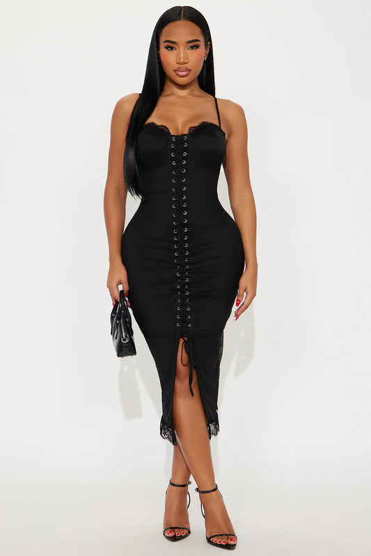 Timeless Beauty Solid Mesh Midi Dress - Black