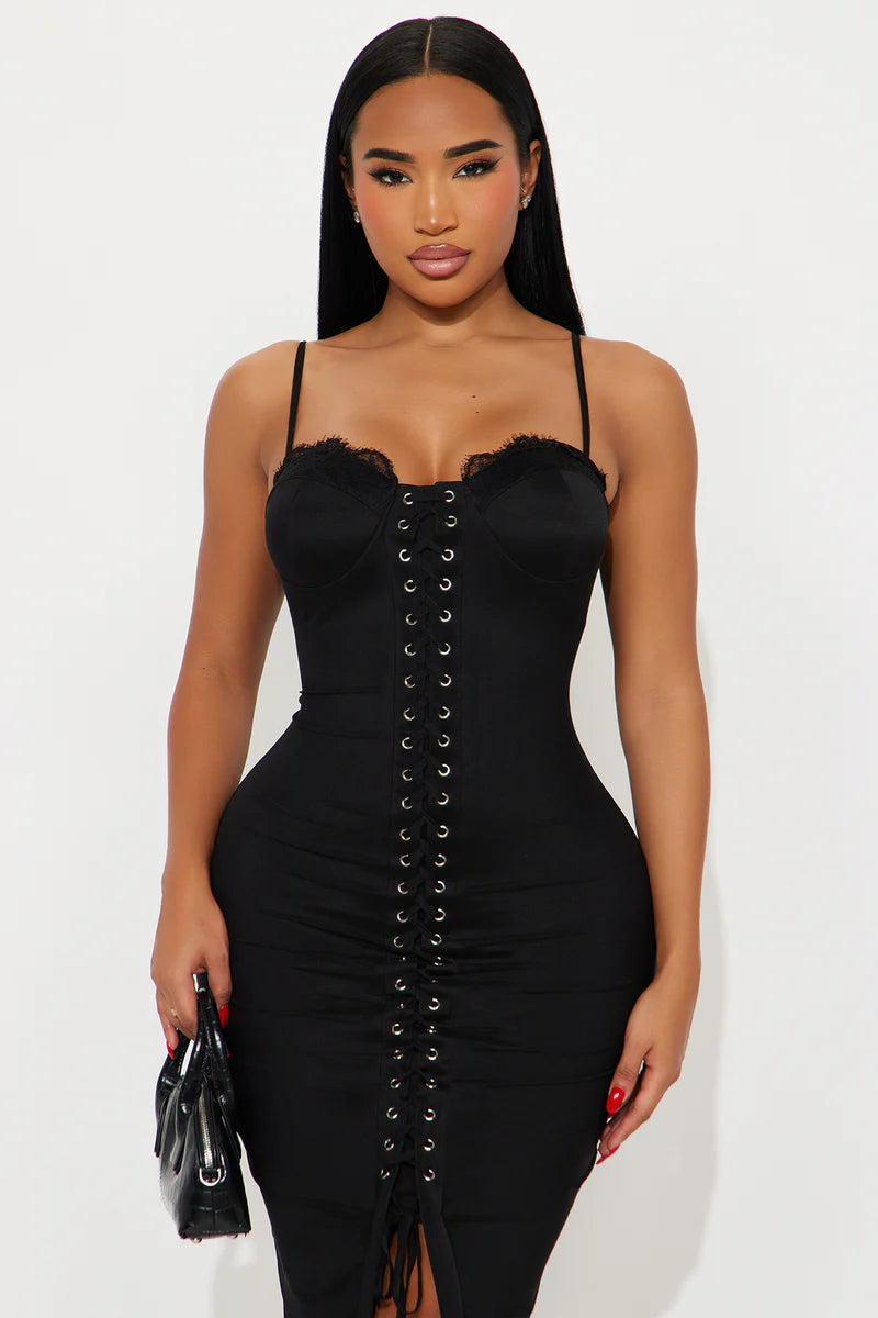 Timeless Beauty Solid Mesh Midi Dress - Black
