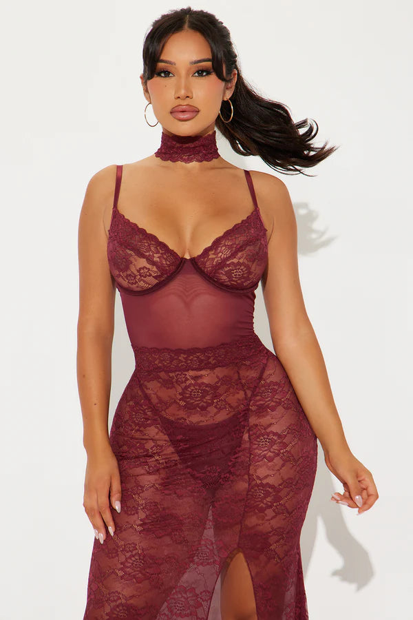 Sheer Truth Lace Maxi Gown Babydoll - Wine