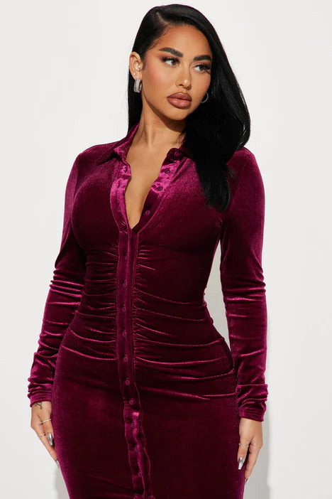 Katie Velvet Midi Dress - Wine