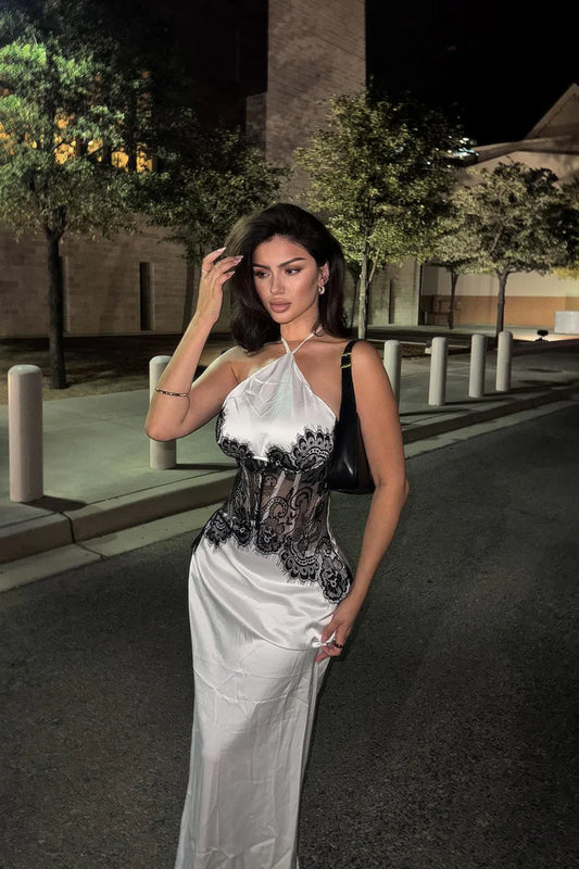 Andrea Satin Lace Maxi Dress - White/Black