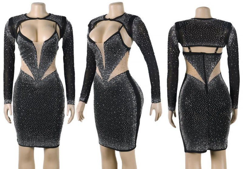 slightly stretchy mini dress embellished with rhinestones and a round neckline
