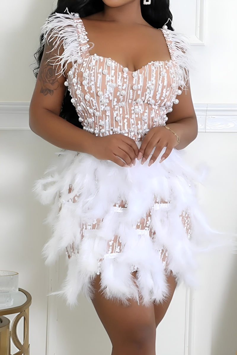 Sexy slight stretch pearl sequins feather decor tight mini dress