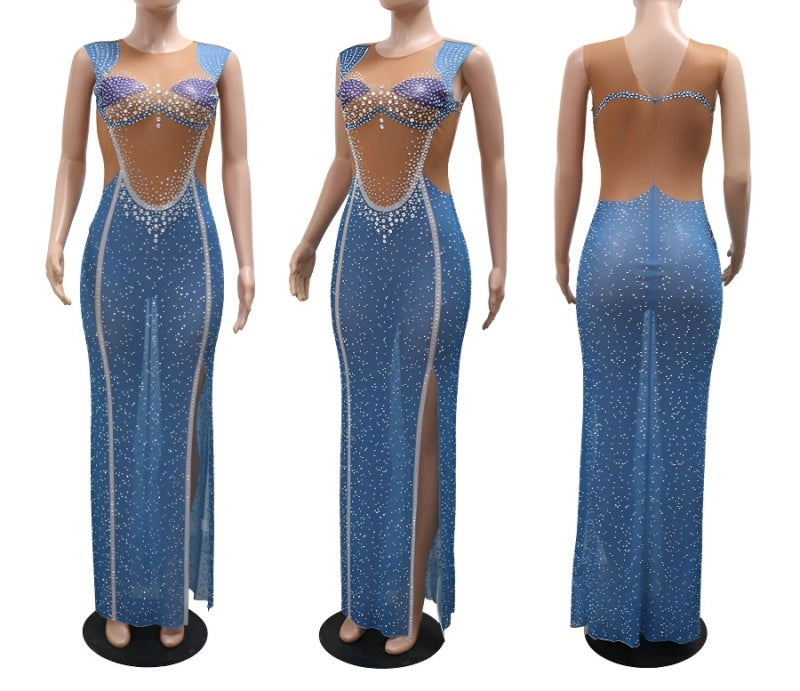 Sexy slight stretch mesh see-through rhinestone slit maxi dress