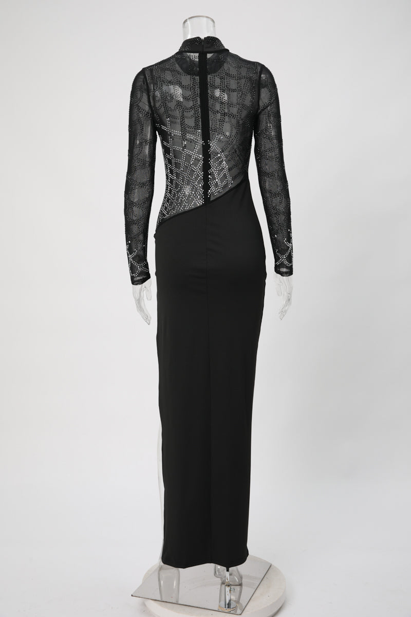 Sexy slight stretch rhinestone mesh see-through high slit maxi dress