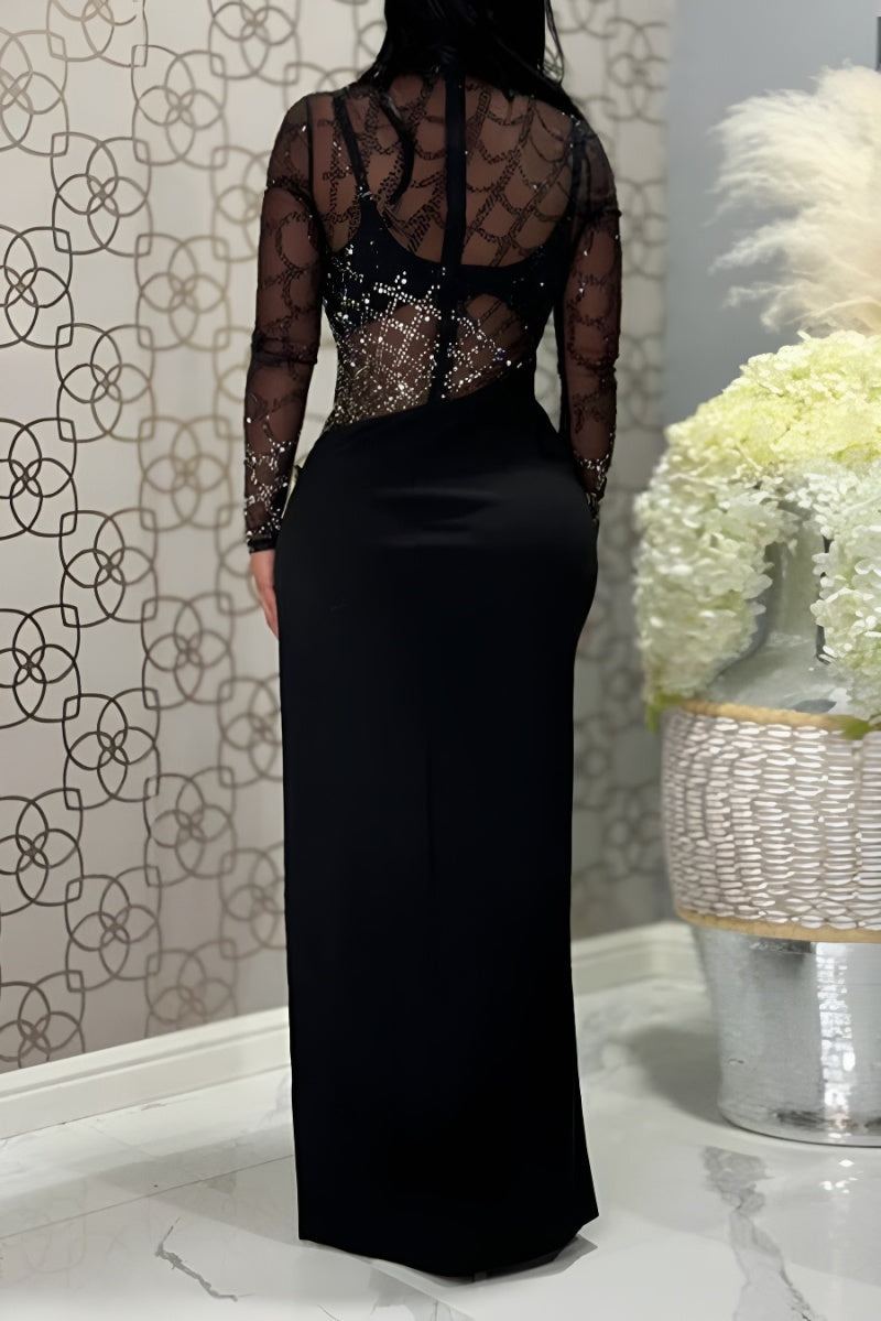 Sexy slight stretch rhinestone mesh see-through high slit maxi dress