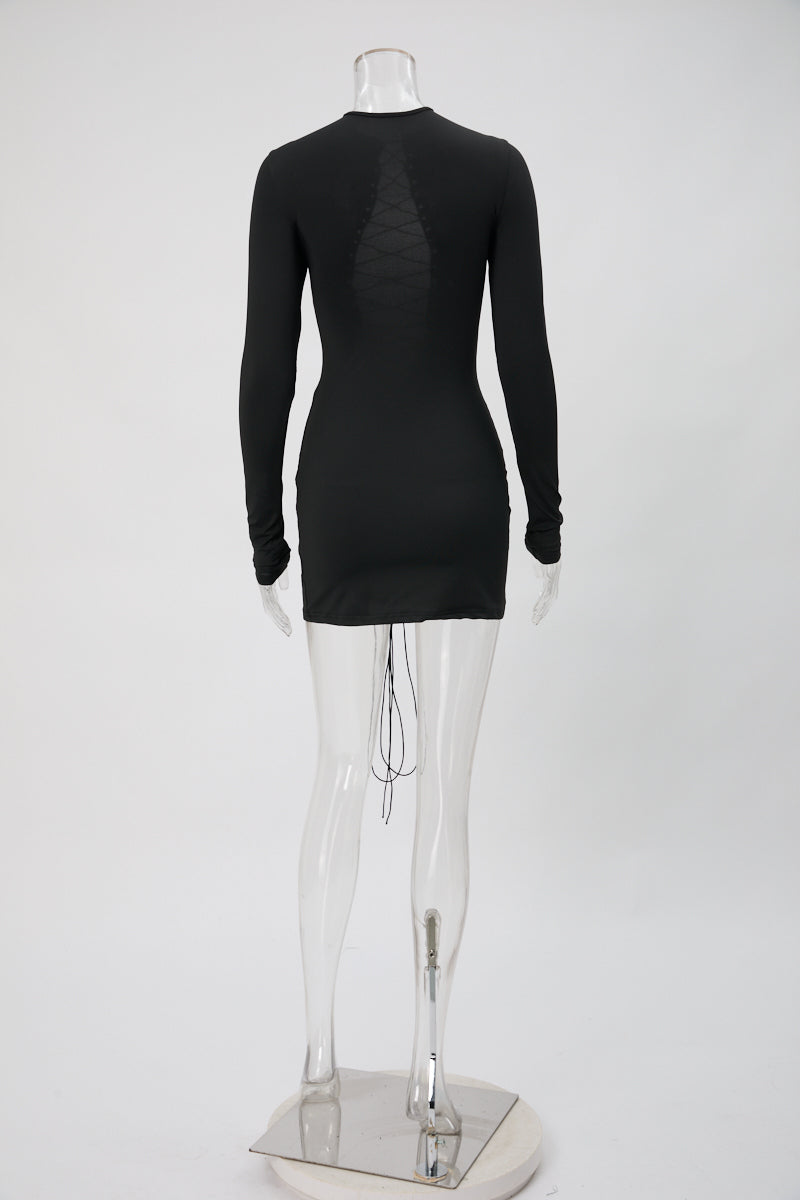 Sexy slight stretch solid color lace-up tight long sleeve mini dress