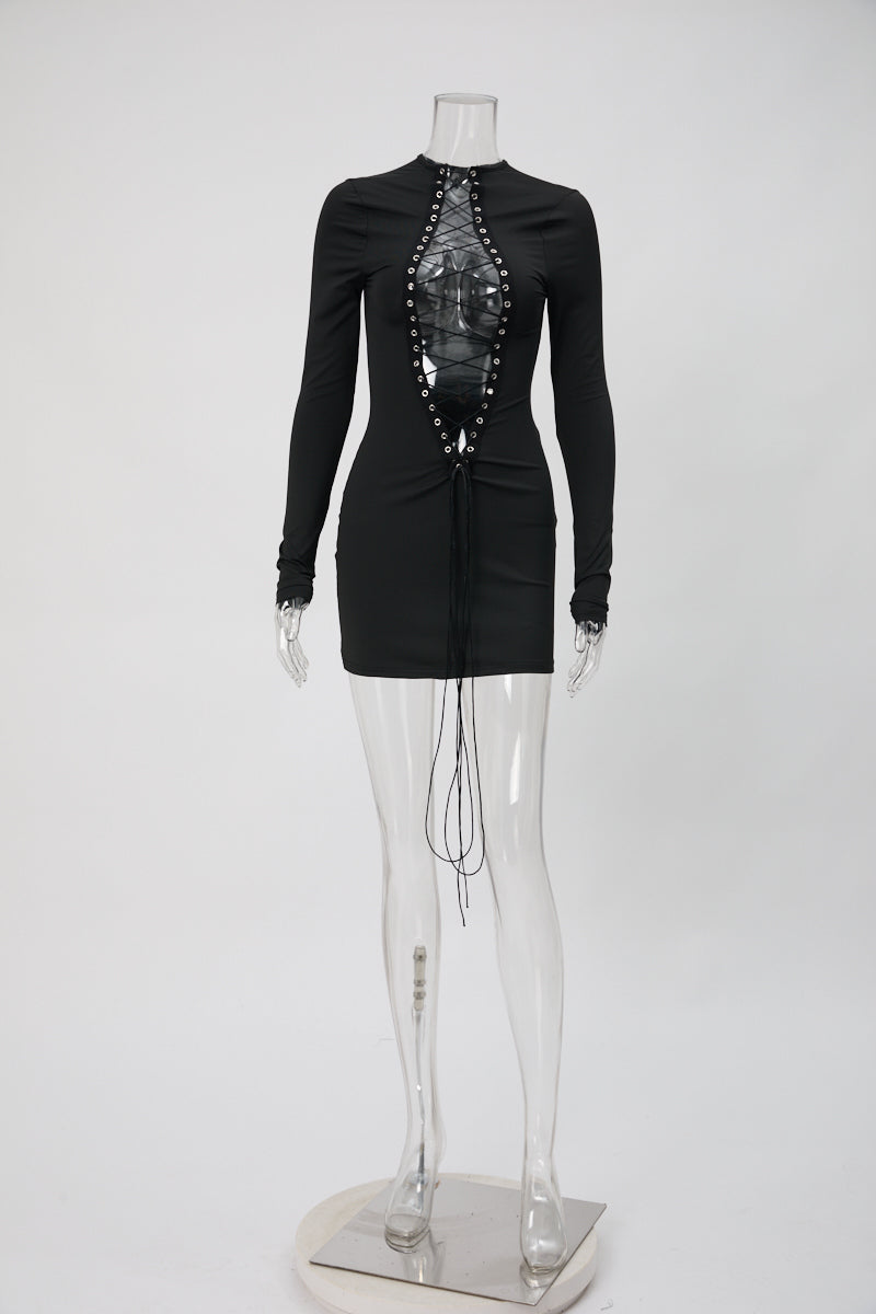 Sexy slight stretch solid color lace-up tight long sleeve mini dress