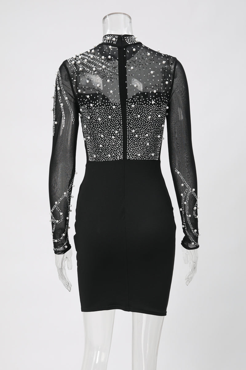 Sexy plus size slight stretch see-through mesh pearl rhinestone tight mini dress