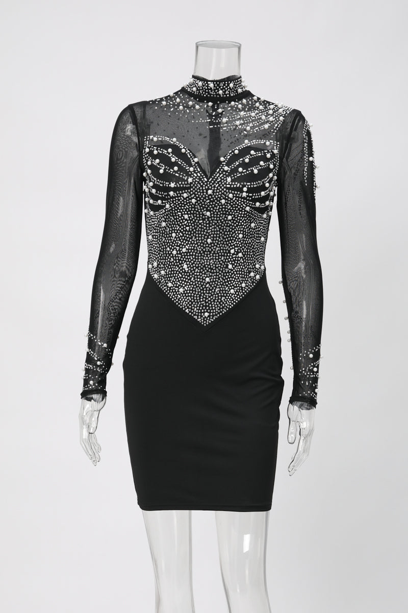 Sexy plus size slight stretch see-through mesh pearl rhinestone tight mini dress