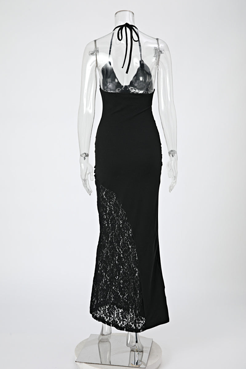 Sexy slight stretch halter neck see-through lace patchwork slim maxi dress