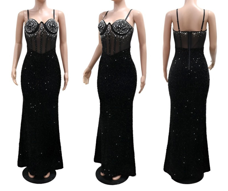 Sexy plus size slight stretch sling with underwire rhinestone sequins maxi dress
