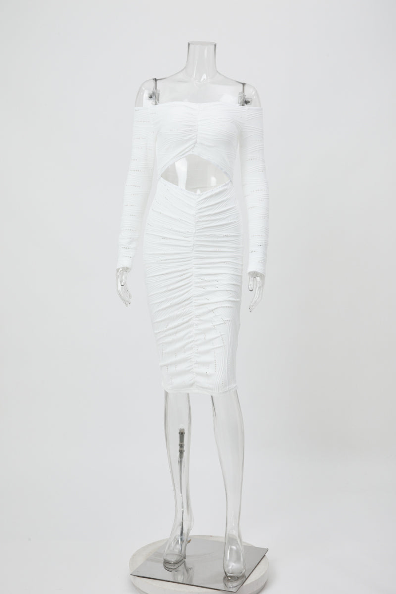 New sexy slight stretch solid color patchwork hollow one shoulder midi dress
