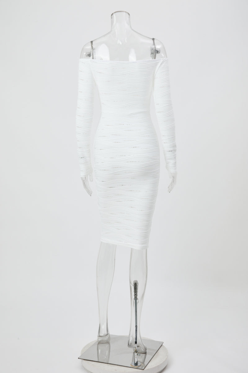 New sexy slight stretch solid color patchwork hollow one shoulder midi dress