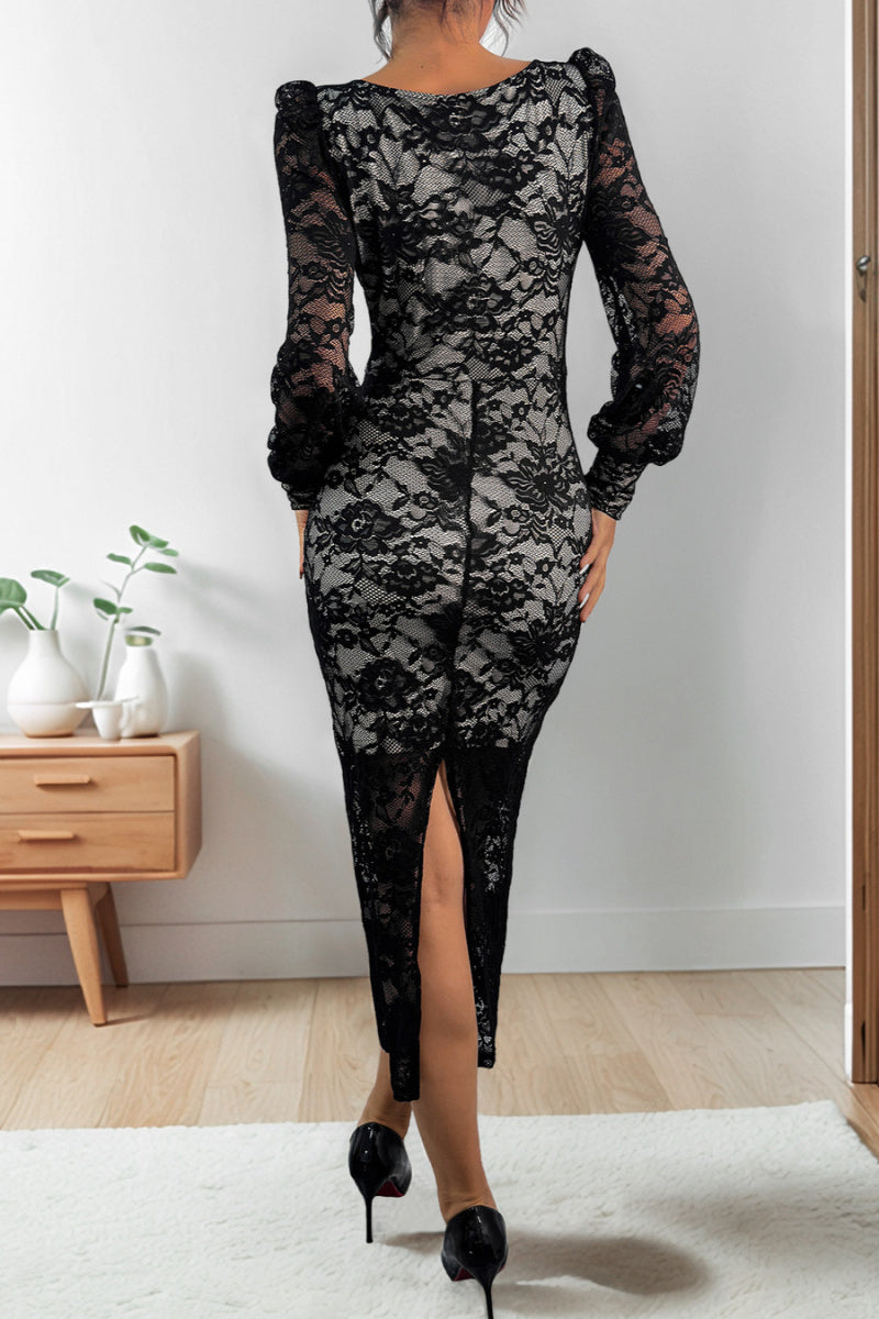Elegant slight stretch see through lace square-neck with lined midi dress