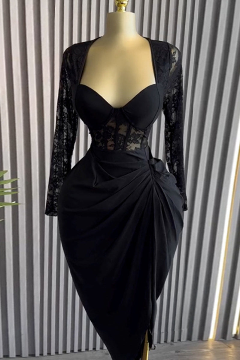 Sexy non-stretch see-through lace stitching pleated midi dress