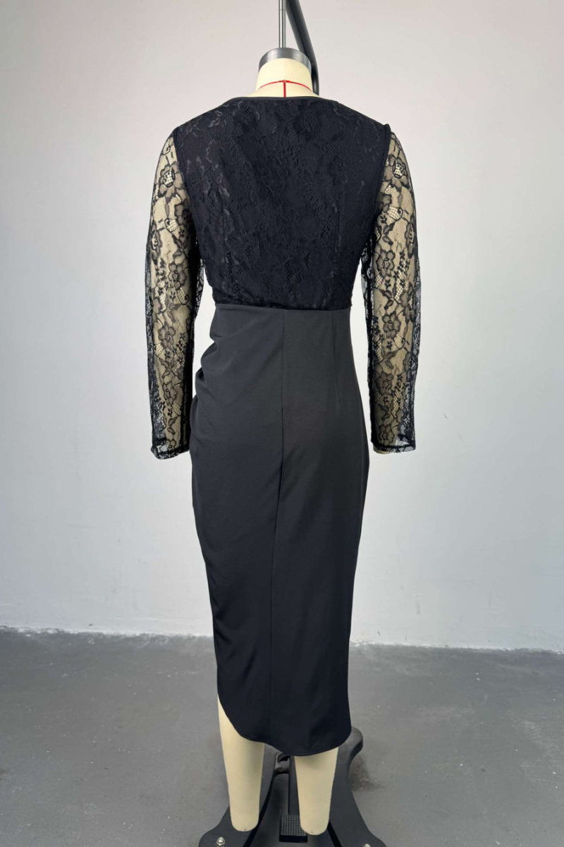 Sexy non-stretch see-through lace stitching pleated midi dress