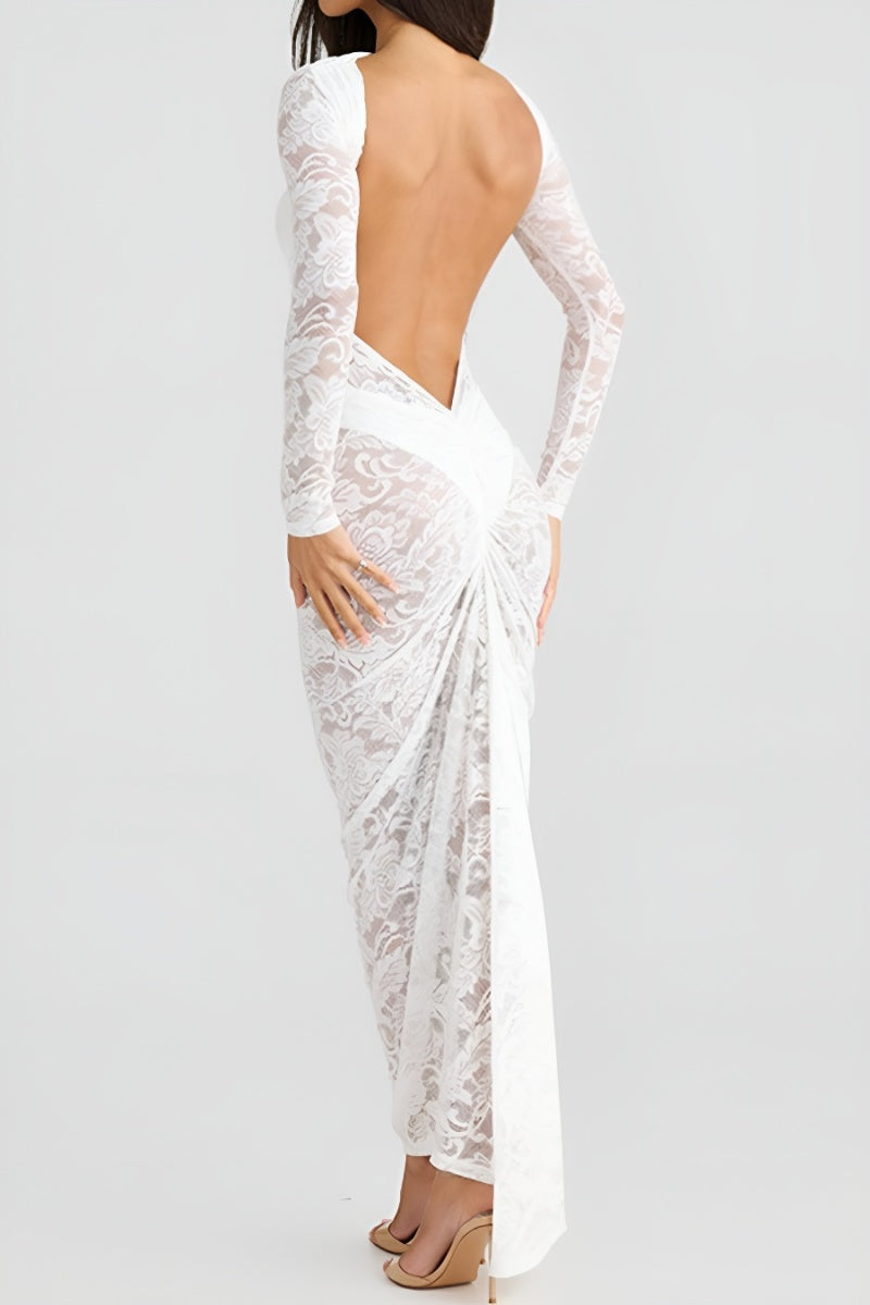 Sexy stretch see through lace backless long sleeve maxi dress(no underwear)