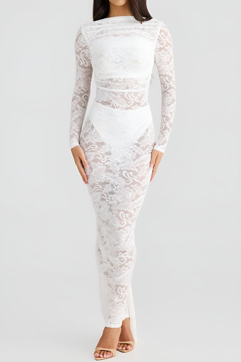 Sexy stretch see through lace backless long sleeve maxi dress(no underwear)
