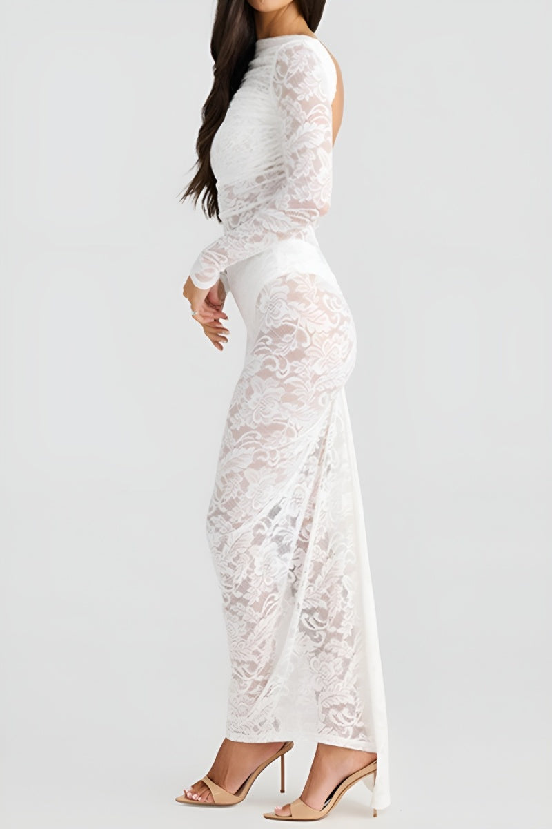 Sexy stretch see through lace backless long sleeve maxi dress(no underwear)