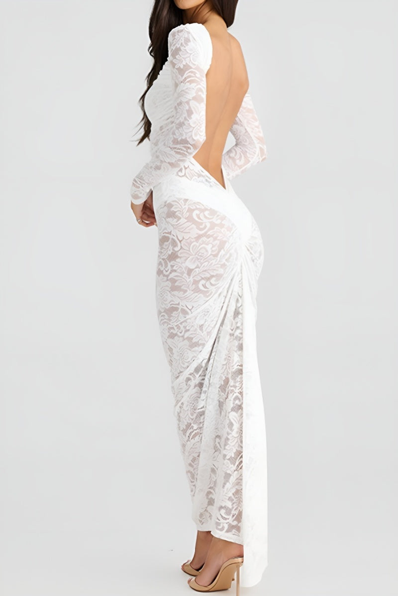 Sexy stretch see through lace backless long sleeve maxi dress(no underwear)