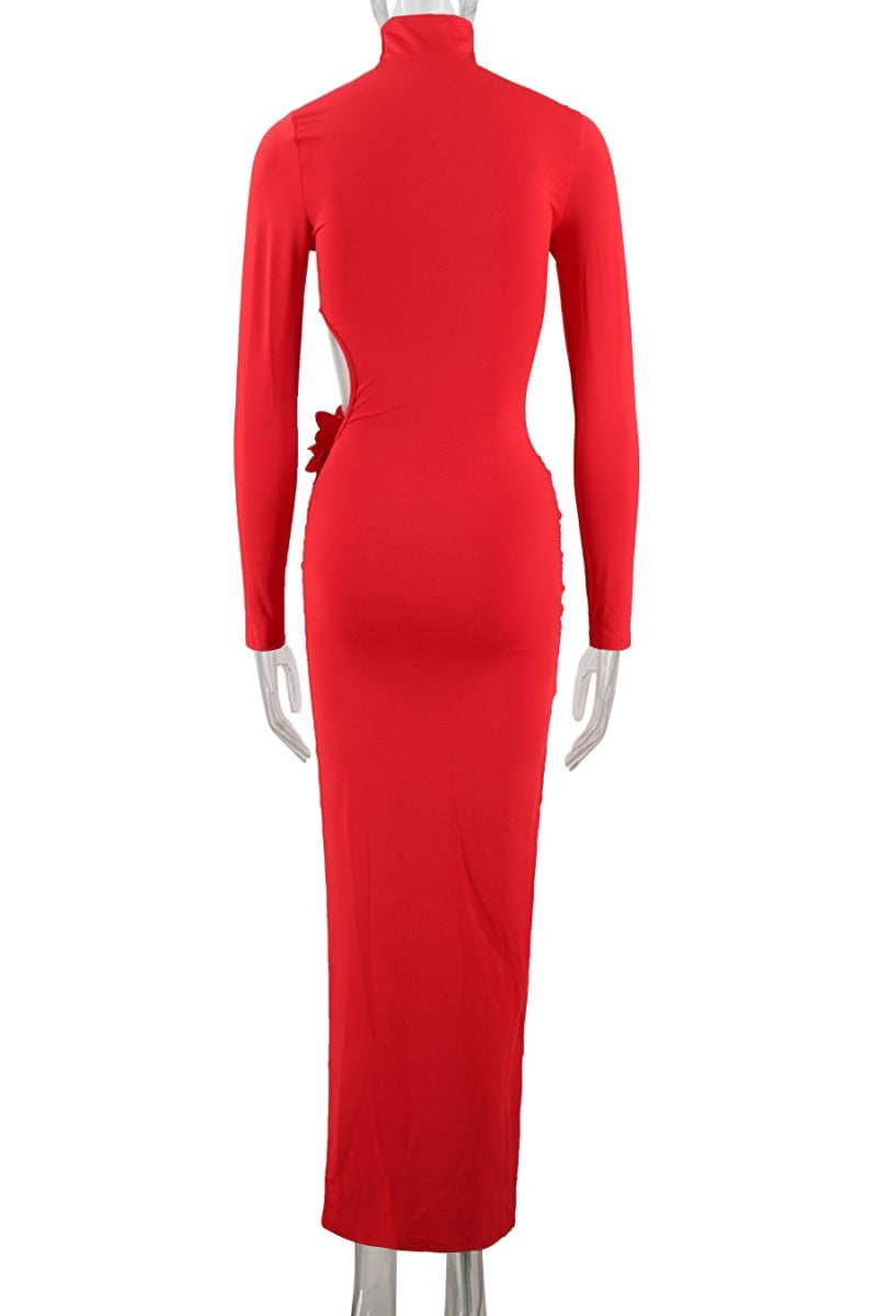 Sexy slight stretch high-neck 3d flower decor hollow maxi dress