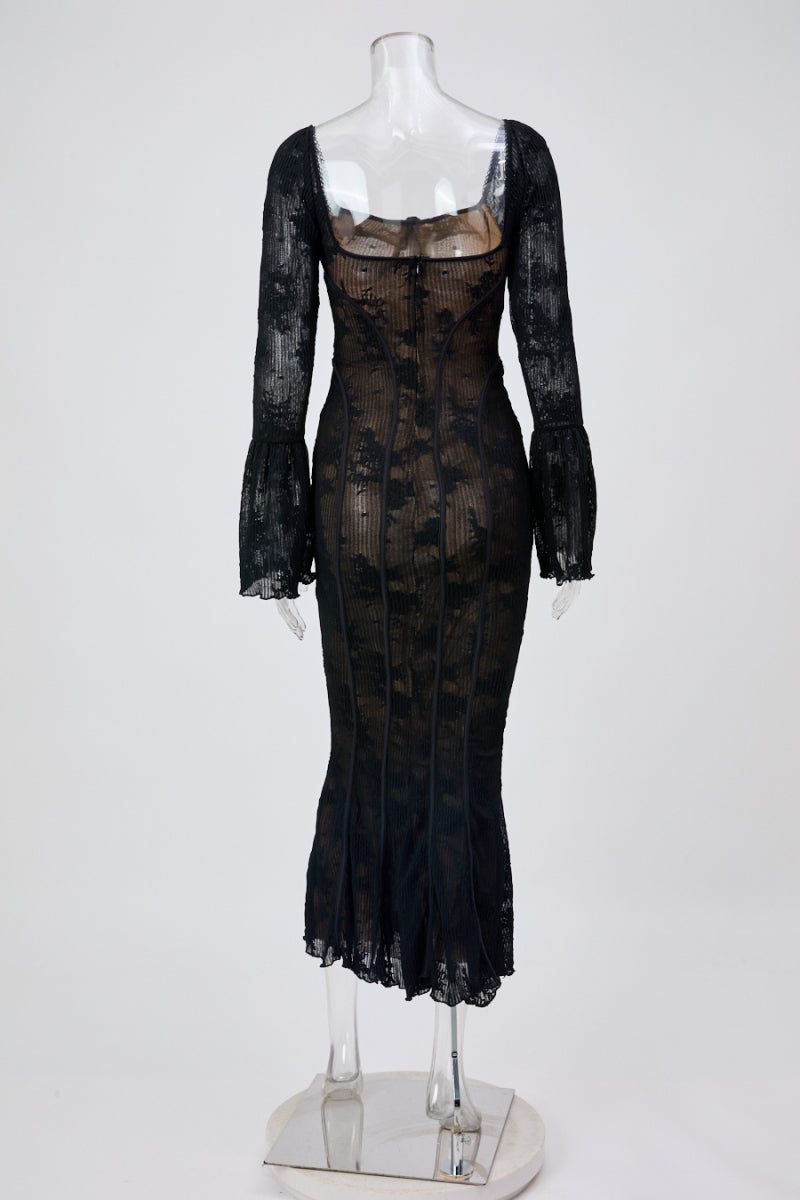 Sexy slight stretch see-through lace square neck maxi dress Black