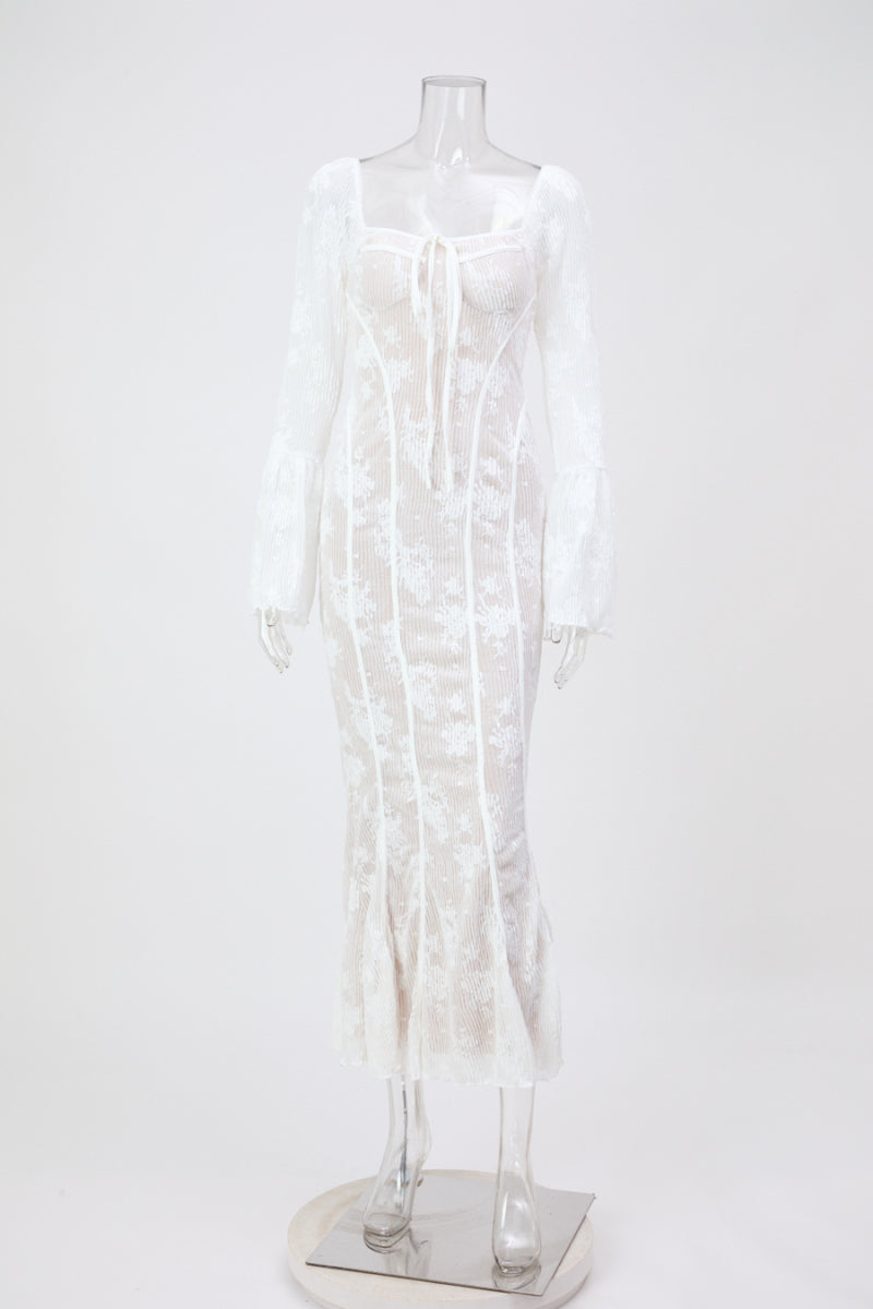 Sexy slight stretch see-through lace square neck maxi dress