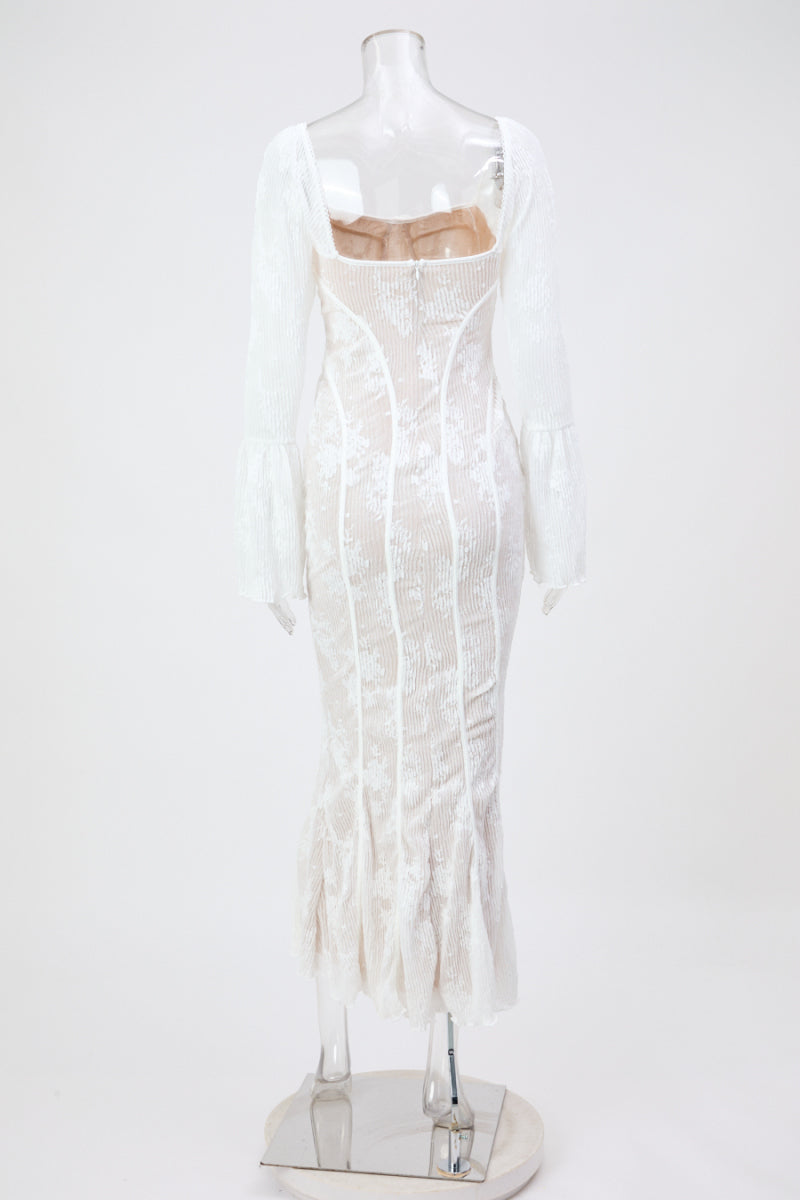 Sexy slight stretch see-through lace square neck maxi dress