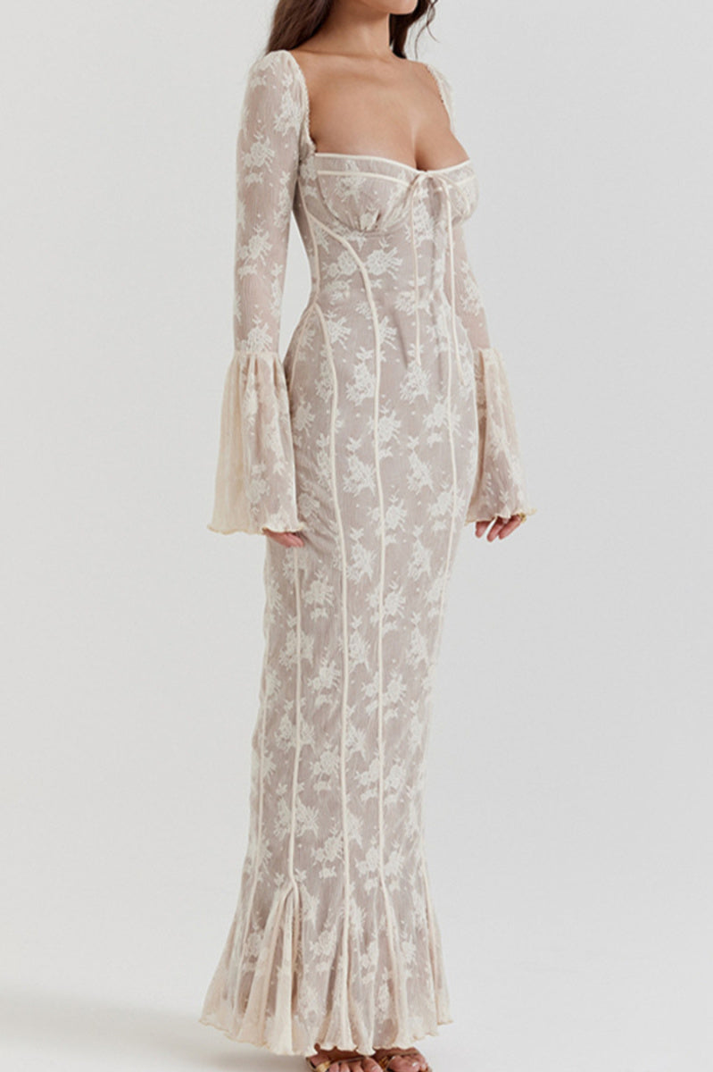 Sexy slight stretch see-through lace square neck maxi dress