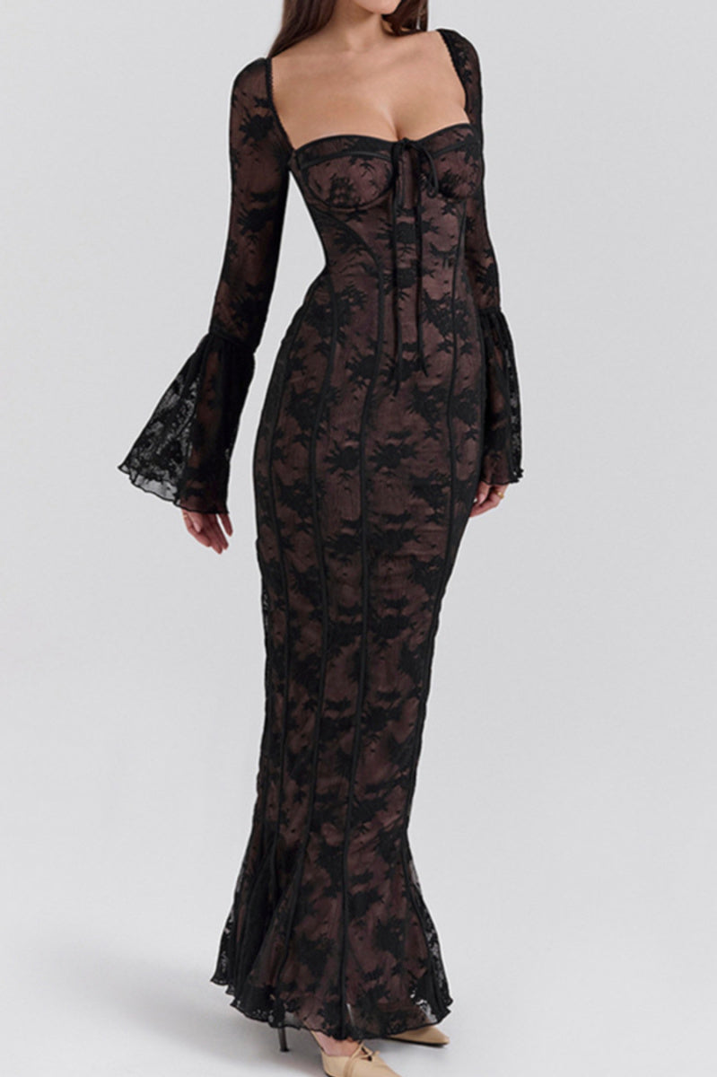 Sexy slight stretch see-through lace square neck maxi dress Black