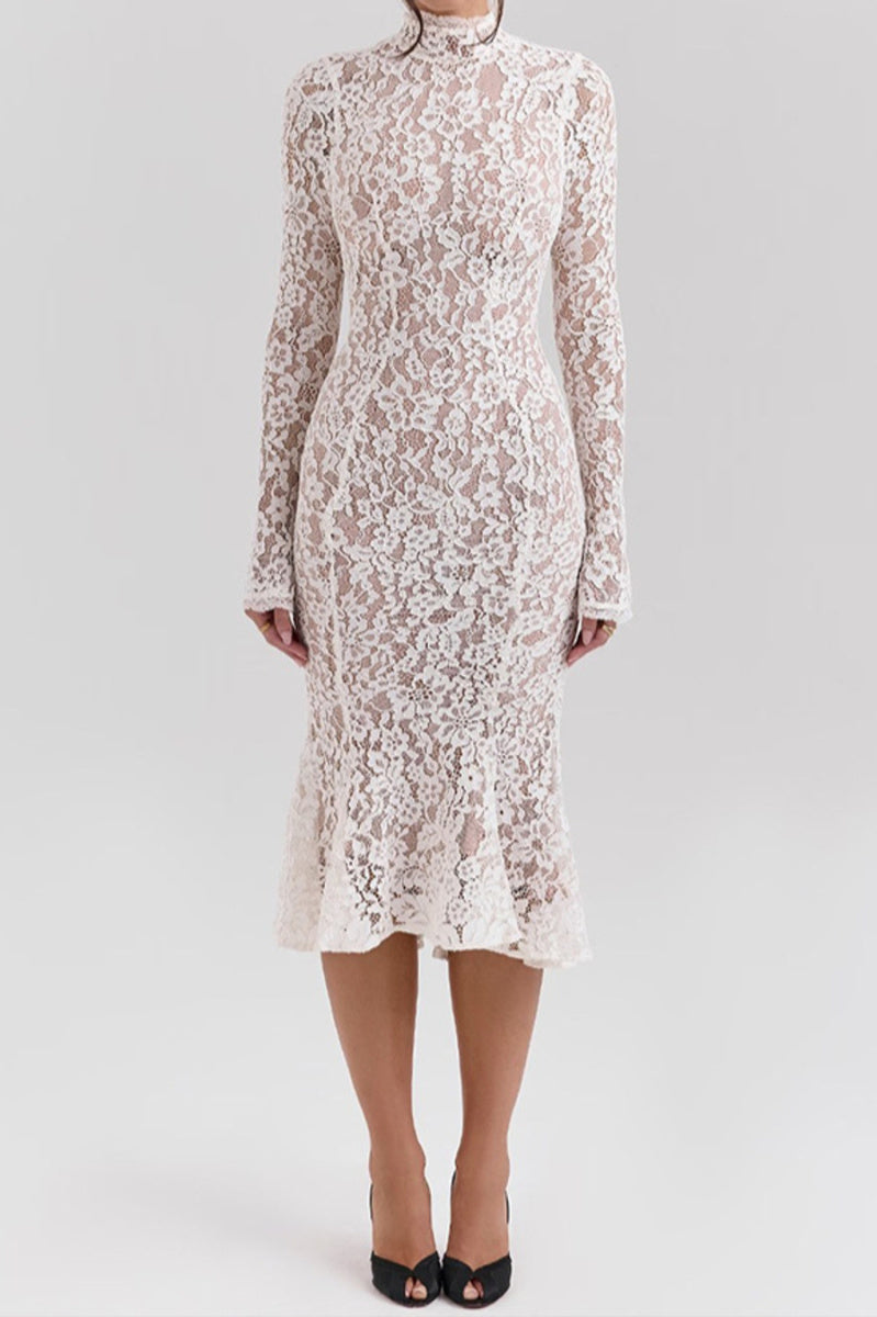 Casual slight stretch stitching lace crew neck midi dress