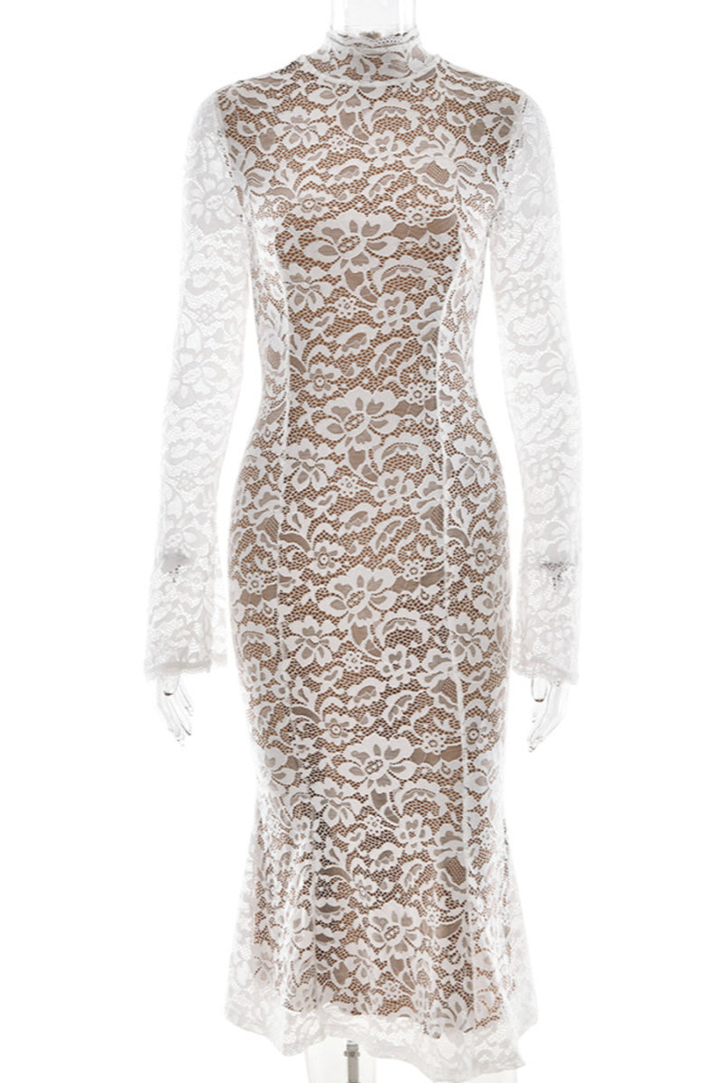 Casual slight stretch stitching lace crew neck midi dress