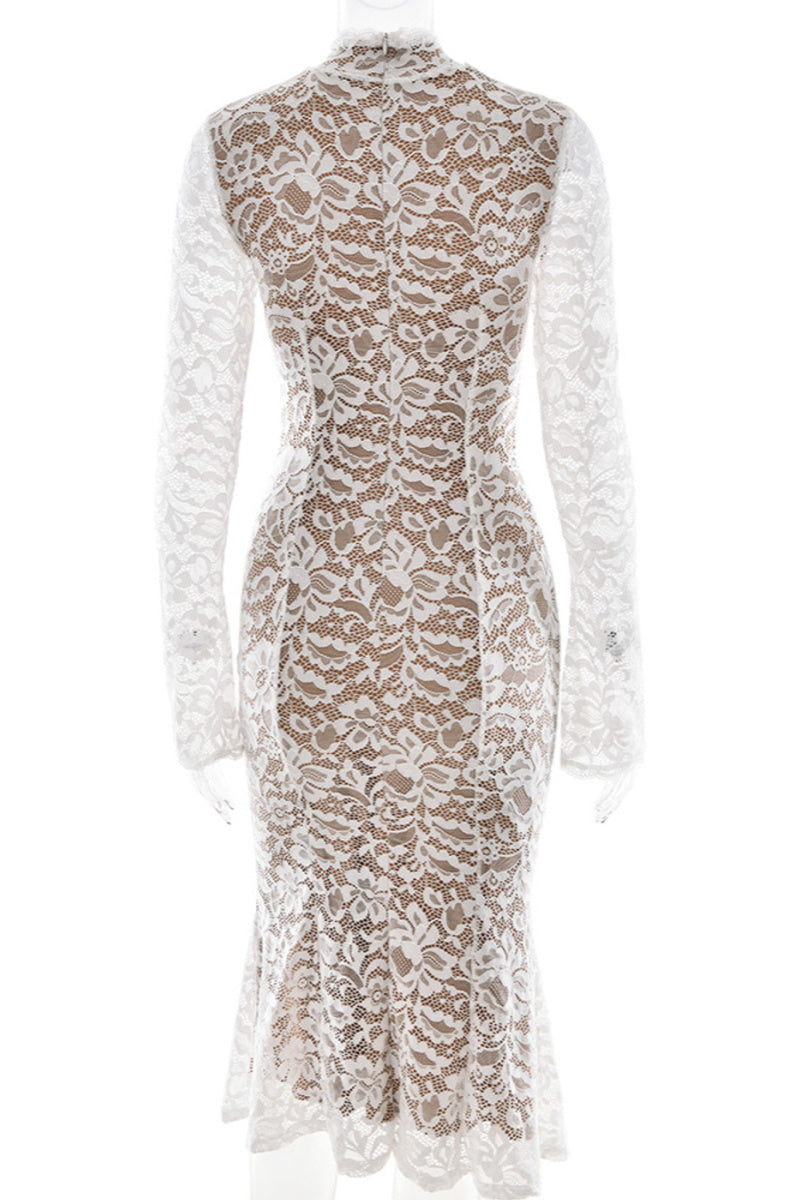 Casual slight stretch stitching lace crew neck midi dress