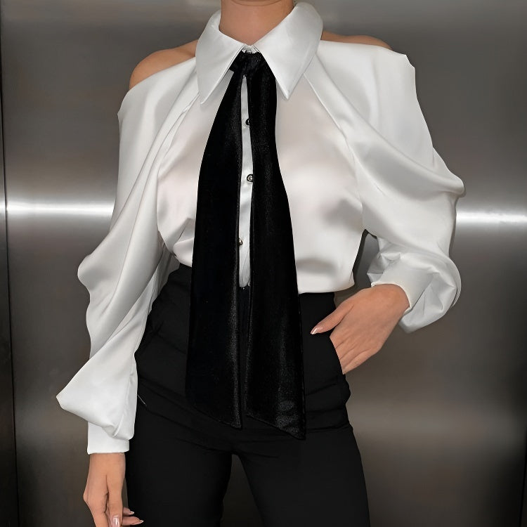 Stylish non-stretch white satin off-the-shoulder long sleeve blouse (wit tie)