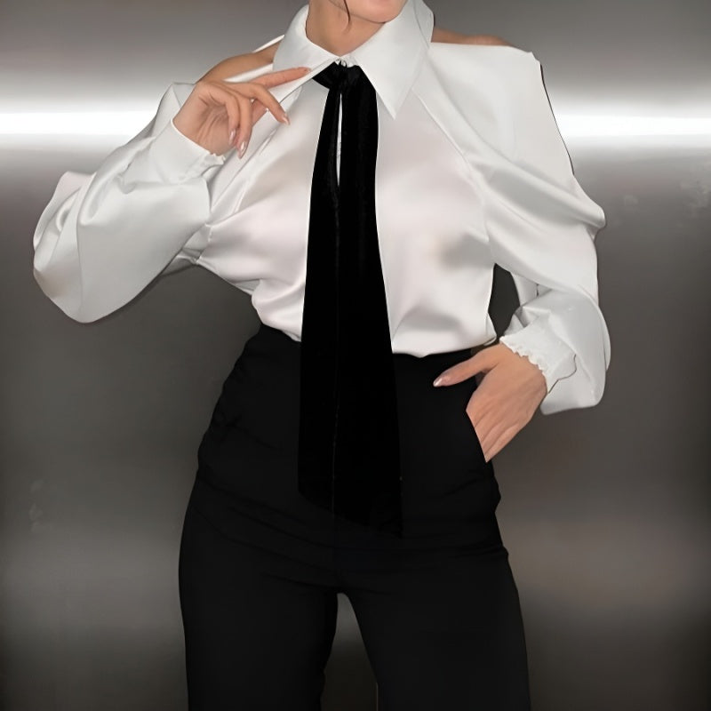 Stylish non-stretch white satin off-the-shoulder long sleeve blouse (wit tie)