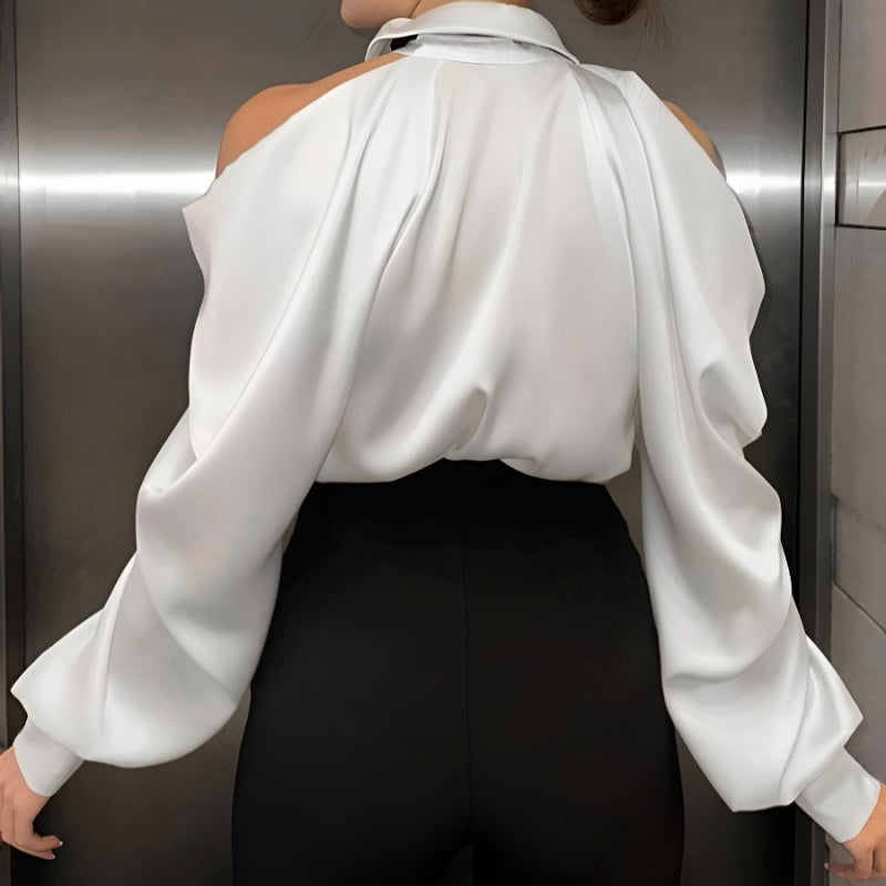 Stylish non-stretch white satin off-the-shoulder long sleeve blouse (wit tie)