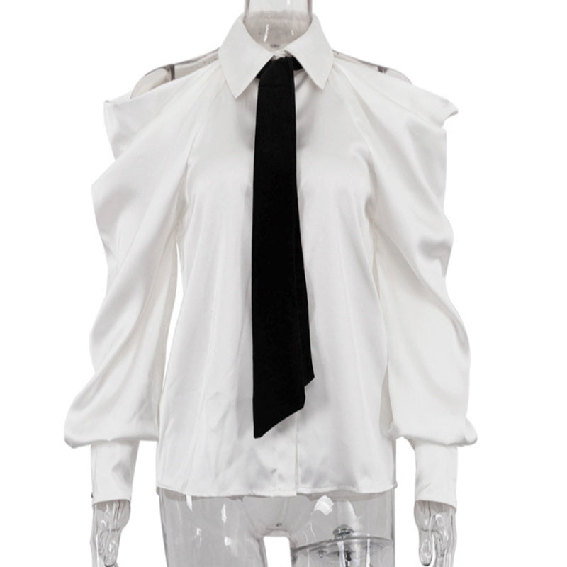 Stylish non-stretch white satin off-the-shoulder long sleeve blouse (wit tie)