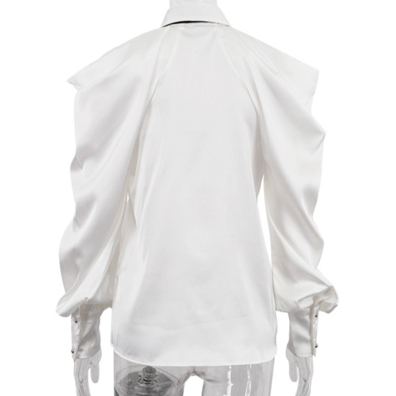 Stylish non-stretch white satin off-the-shoulder long sleeve blouse (wit tie)