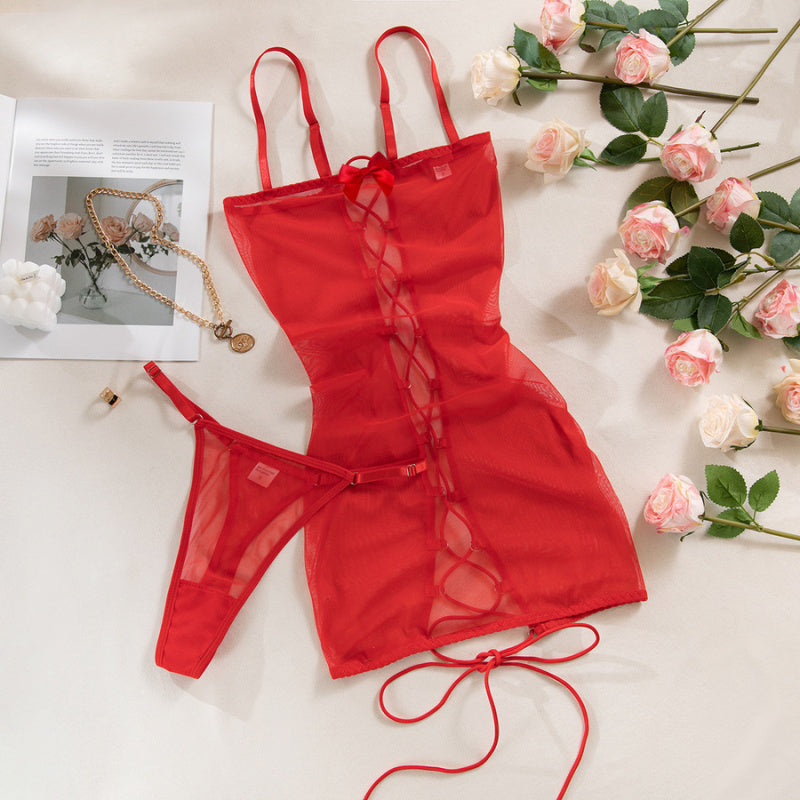 Sexy slight stretch see-through mesh sling tight lace-up babydoll with thong Red