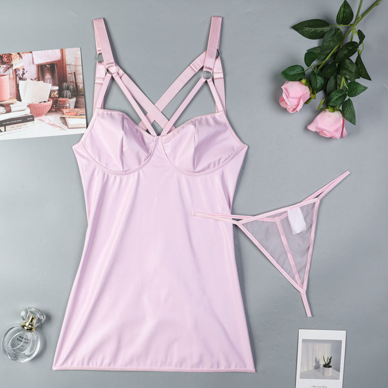 Sexy slight stretch pu mesh stitching backless mini dress babydoll & thong