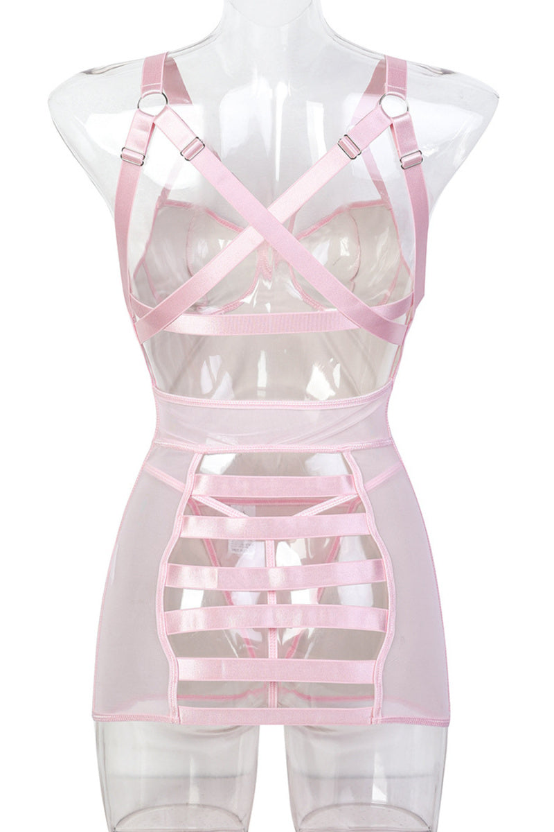 Sexy slight stretch pu mesh stitching backless mini dress babydoll & thong