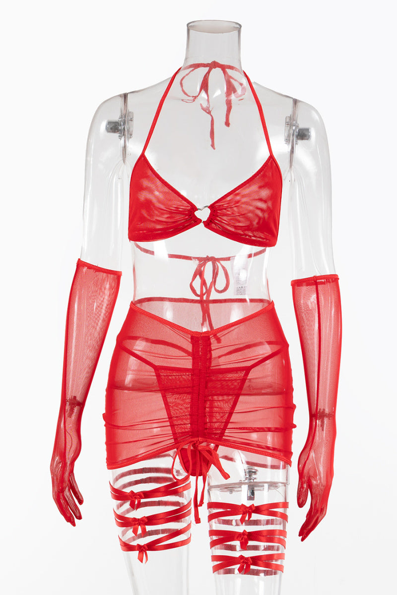 Sexy see-through mesh three-piece set with gloves and three pairs of leg rings
