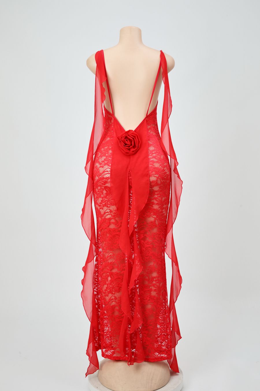 Sexy slight stretch see through lace backless 3d flower long ribbon maxi dress