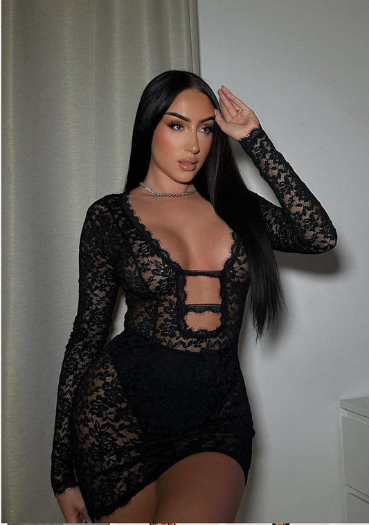 Victoria Lace Mini Dress - Black